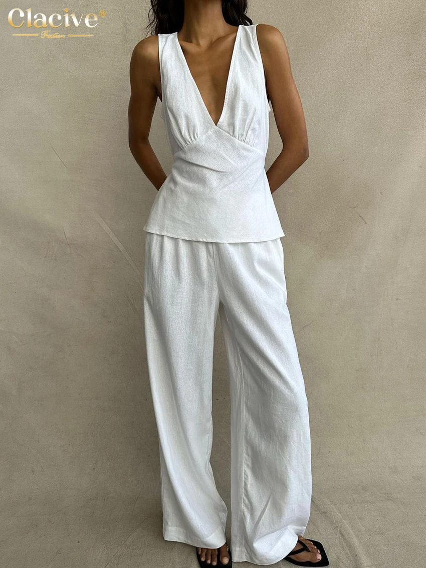 Clacive Summer Slim White Cotton 2 Piece Set Women Outfit 2024 Fashion Sleeveless Tank Top With High Waist Wide Pants Set Female