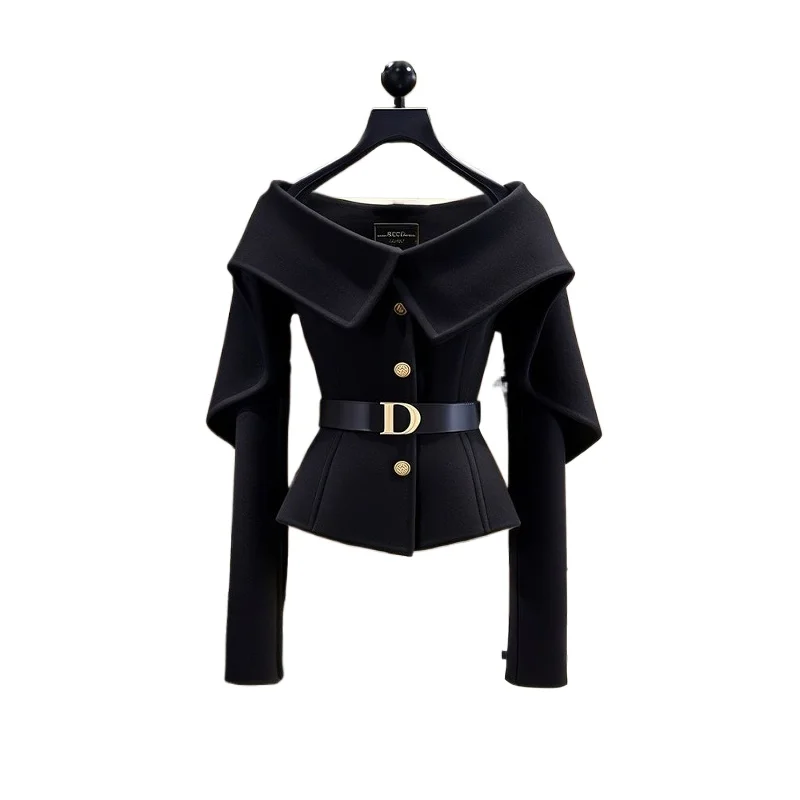 

Chic Black Short Jacket Women's Spring Autumn New Letter Belt Top Lady High-end Shoulder Outwear Single-breasted Clothing Coat