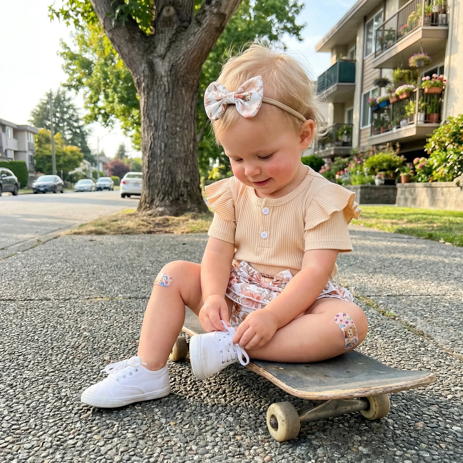 

Baby Clothing Girls Shorts Set Short Sleeve Romper with Layered Floral Shorts with Hairband Summer 3PCS Outfit