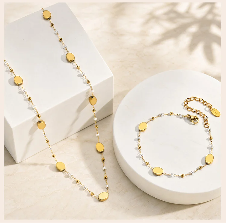 Runde Scheiben-Station-Halskette, goldfarbene Edelstahl-Perlenkette, zarter Schmuck für kleine Ladenausstattung – Detail 6
