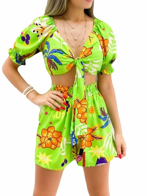 

Sexy Women's Shorts Set New Printed Suit Shorts V-Neck Top Two-Piece Set Women Outfits 2024 Summer Elegant Mini Skirt Set ﻿ ﻿