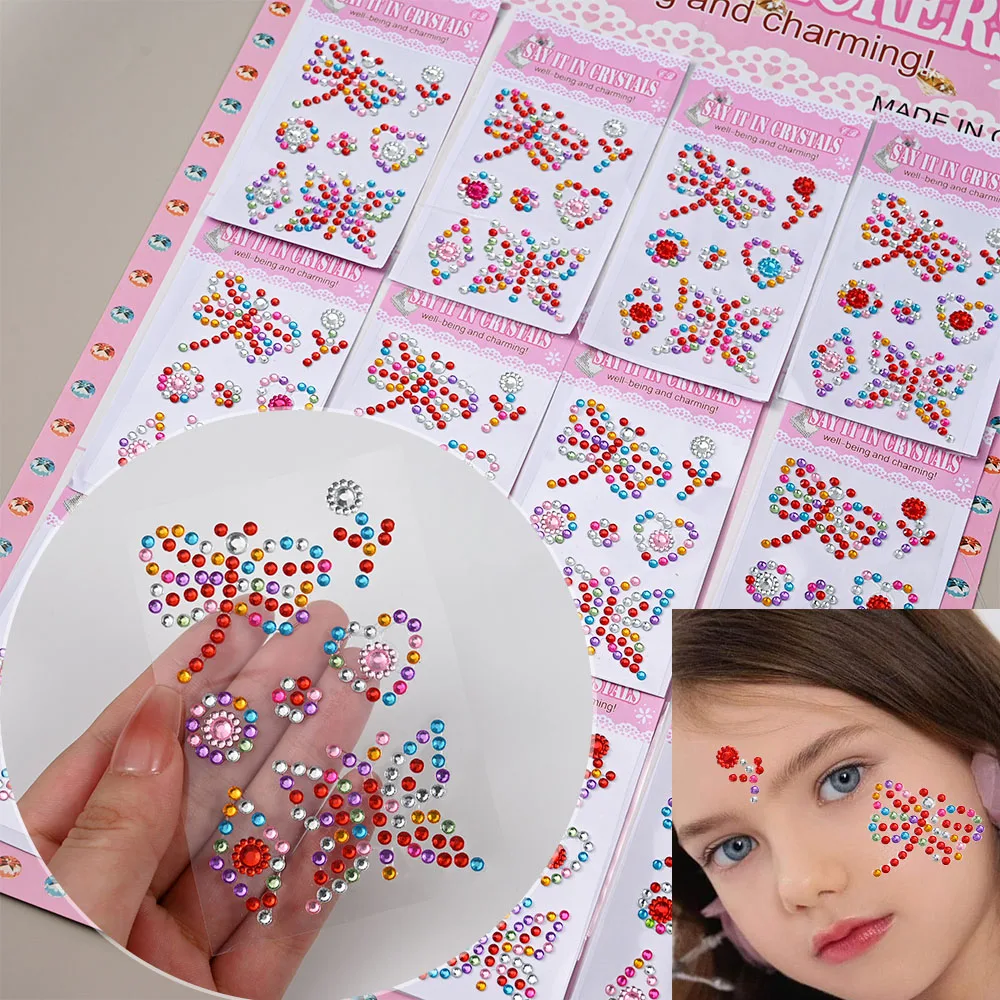 

12pcs/set 3D Colorful Children's Face Diamond Tattoo Sticker 5D Mermaid Eyeshadow Body Facial Gem Decal Adhesive Crystal Sliders