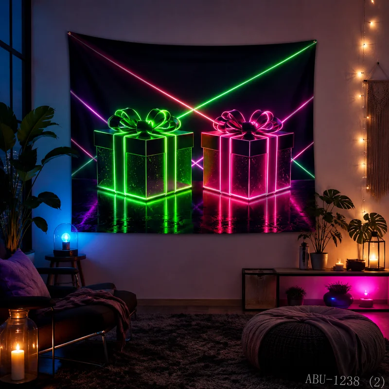 VIKAMA Cyber Neon Line Perspective Mirror Gift Box Festival Christmas Tapestry, HD Background, Perspective Art Holiday Room