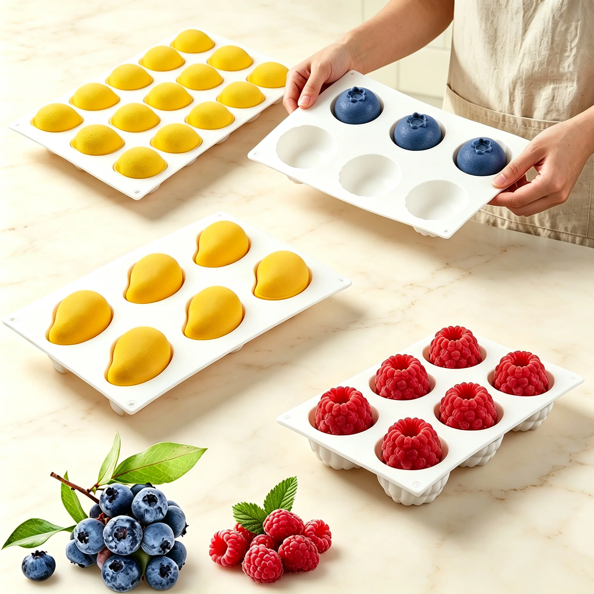 4/3Pcs Silicone Baking Molds 3D Fruit Shape 6/15 Cavity Non Stick Mousse Cake Molds Blueberry Raspberry Mango Lemon Cake Mold