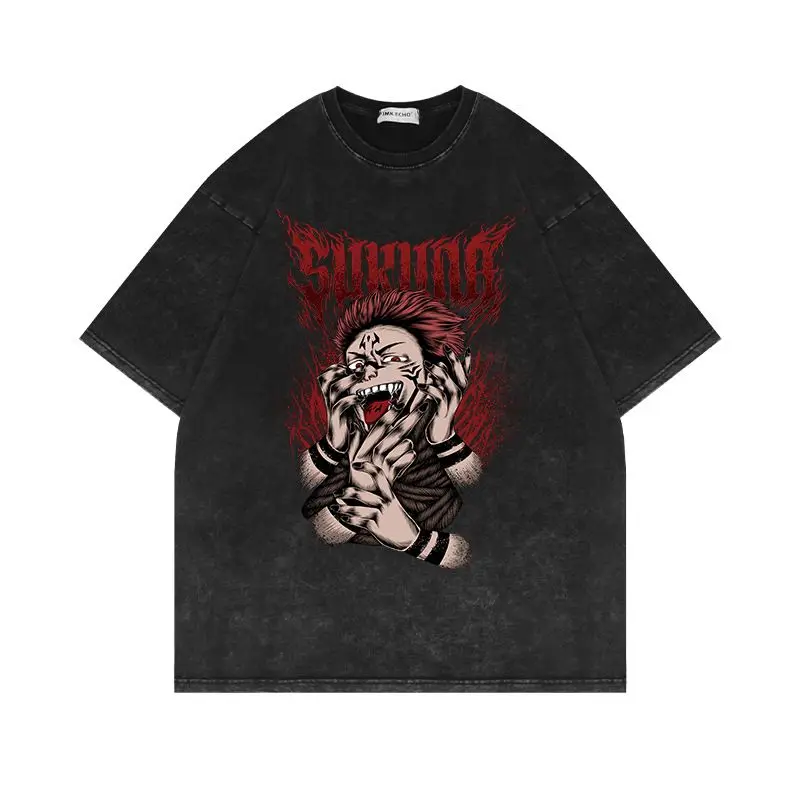 

2025 American Summer Washed Vintage Short-sleeved T-shirt, Anime Jujutsu Kaisen, American Couple's Top for Men and Women