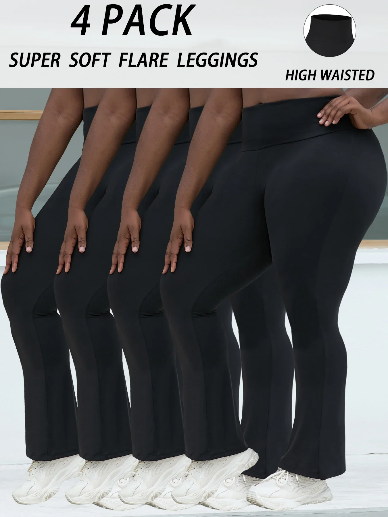 

4 Pack Plus Size Women's Super Soft High Waisted Flare Pants, Leggings Tummy Control Soft Bootleg Bell Bottoms Running