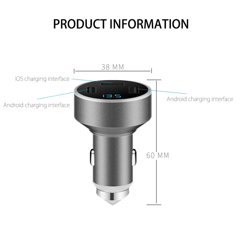 Digital display car charger, equipped with 3 USB ports - quick charging adapter for smartphones and tablets, portable charger view 6
