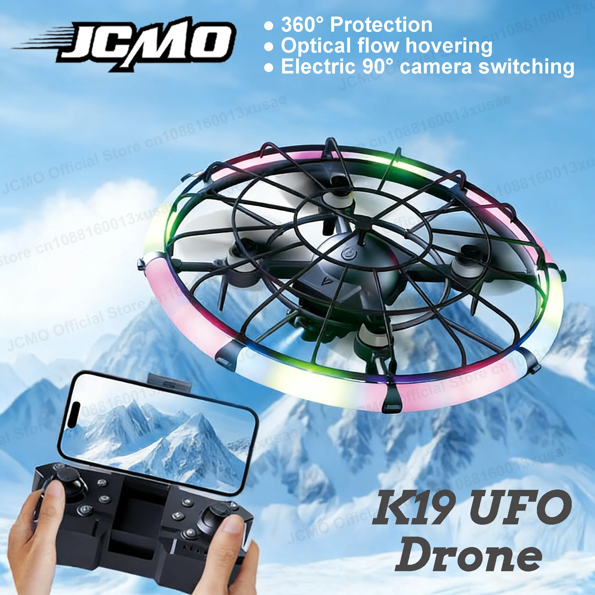 JCMO RC Drone with Dual HD Lens RGB Flowing Light Optical Flow Hovering Full Body Protection Aerial Photography Quadcopter Toy