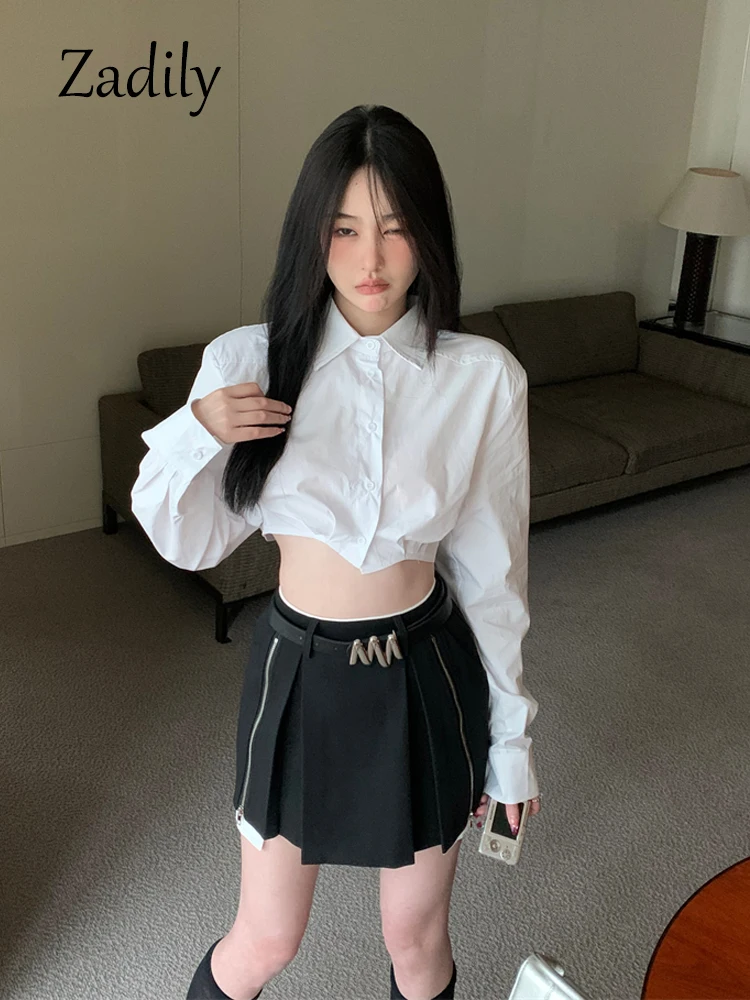 Zadily 2023 Summer Y2K Long Shirt Women White Crop Shirt Korea Style Sexy Button Up Asymmetrical Woman Blouse Female Clothing