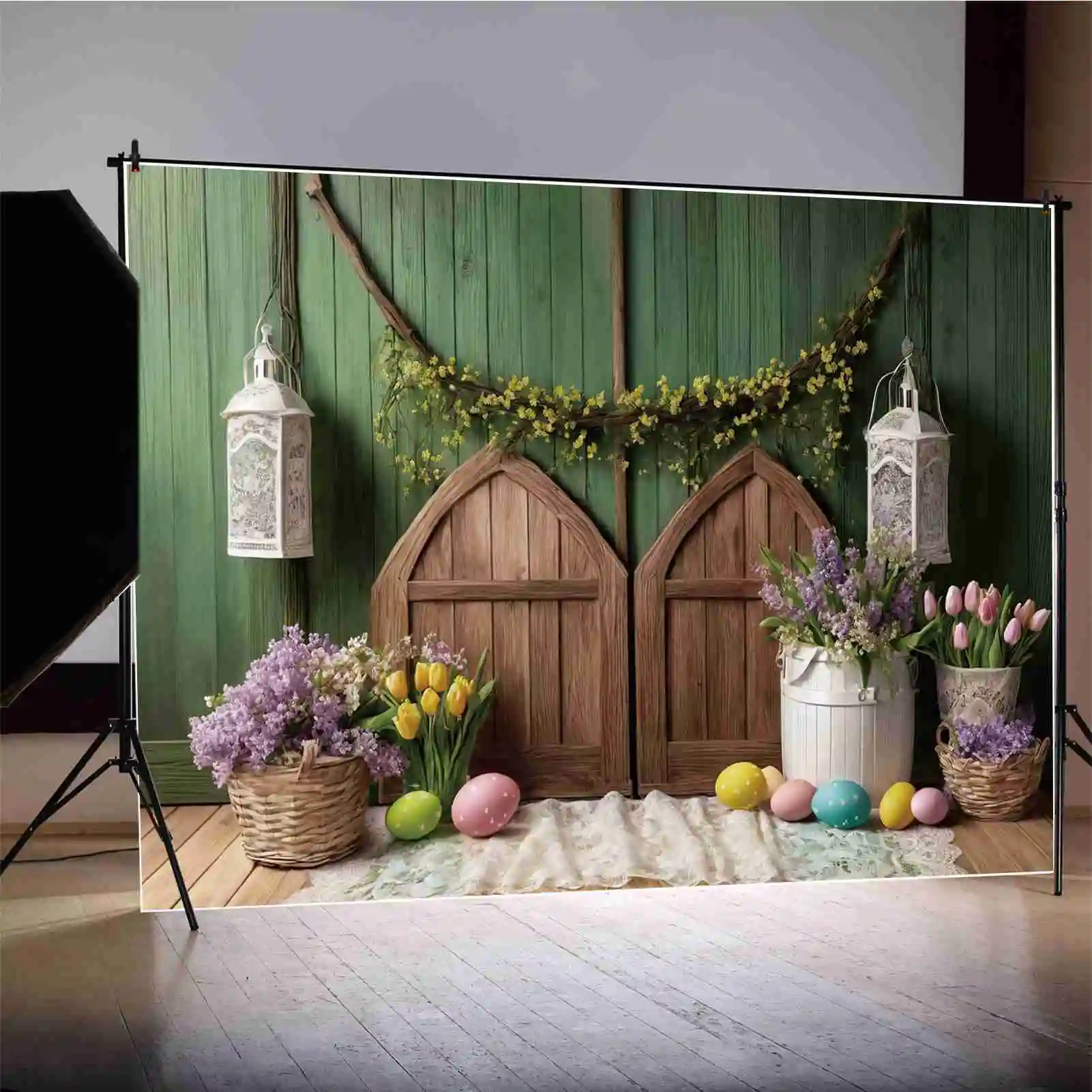 MOON.QG Green Pink Blossom Colourful Wood Door Flowers Blanket Painted Eggs Easter Background Decoration Backdrop Children