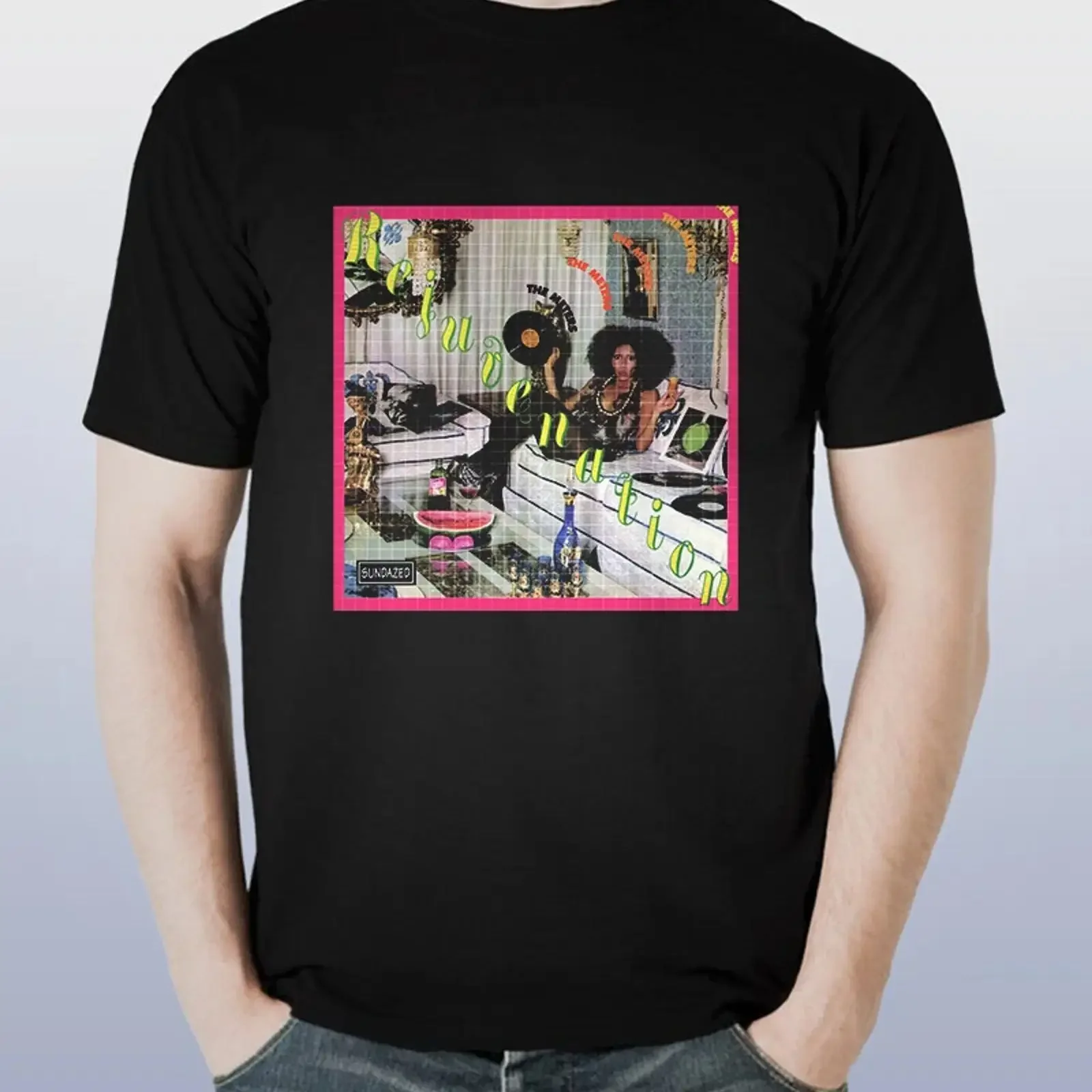 GROUP THE METERS Short Slevee Black T Shirt Image 1 of 2 vintage Washed fashion homme Breathable Top For Everyday Wear Slightly