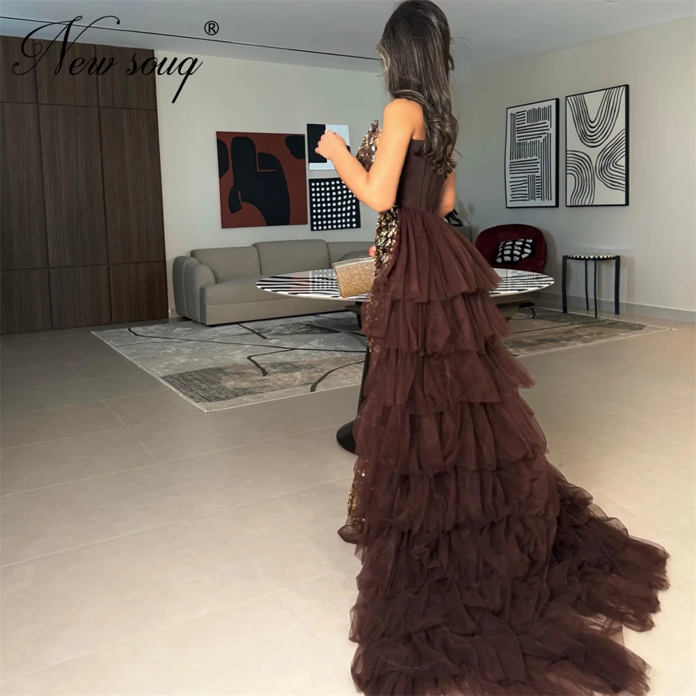 

New Arrival Brown Sequins Evening Dresses Customized Strapless Beaded Wedding Engagement Party Gowns Vestidos De Fiesta Prom