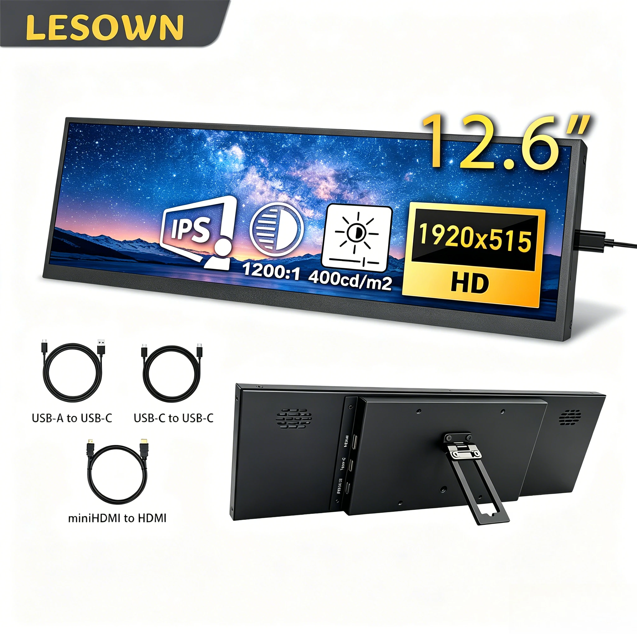 

LESOWN 12.6 inch Secondary Screen 1920X515 IPS Touch LCD Monitor HDMI USB-C Stretched Bar Temp CPU GPU Display for Aida64 Laptop