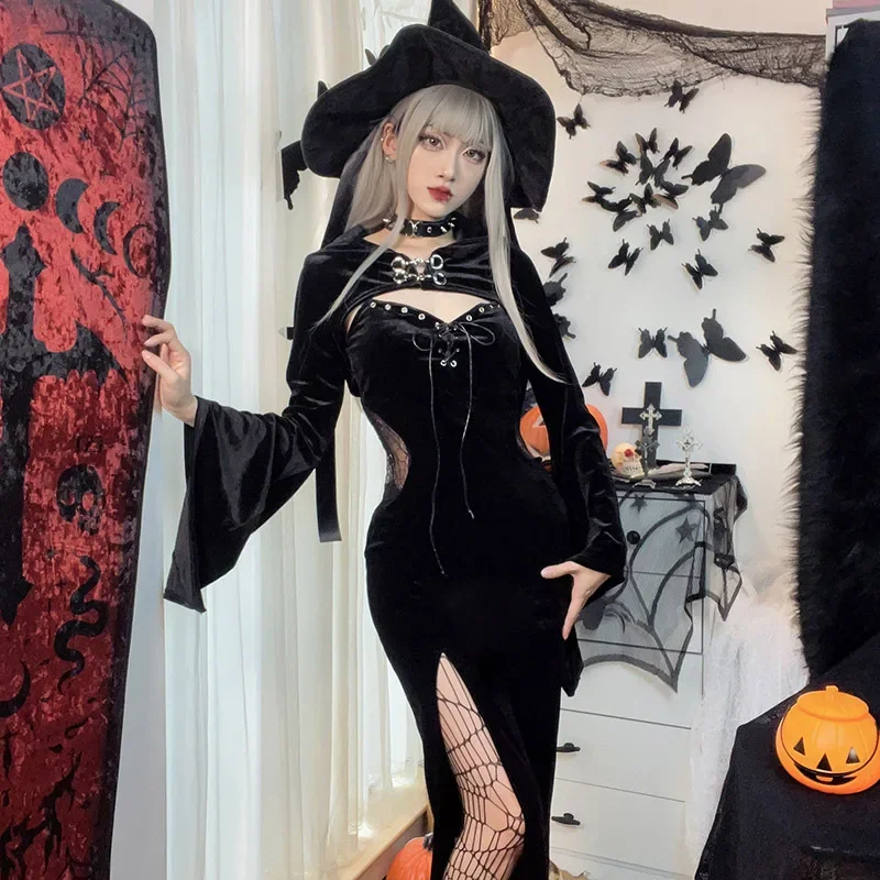 2024 New Harajuku Vintage Women Gothic Bandage Hooded Bell Sleeve Spider Web Lace Dress Long Sleeve Maxi Dress Halloween Costume