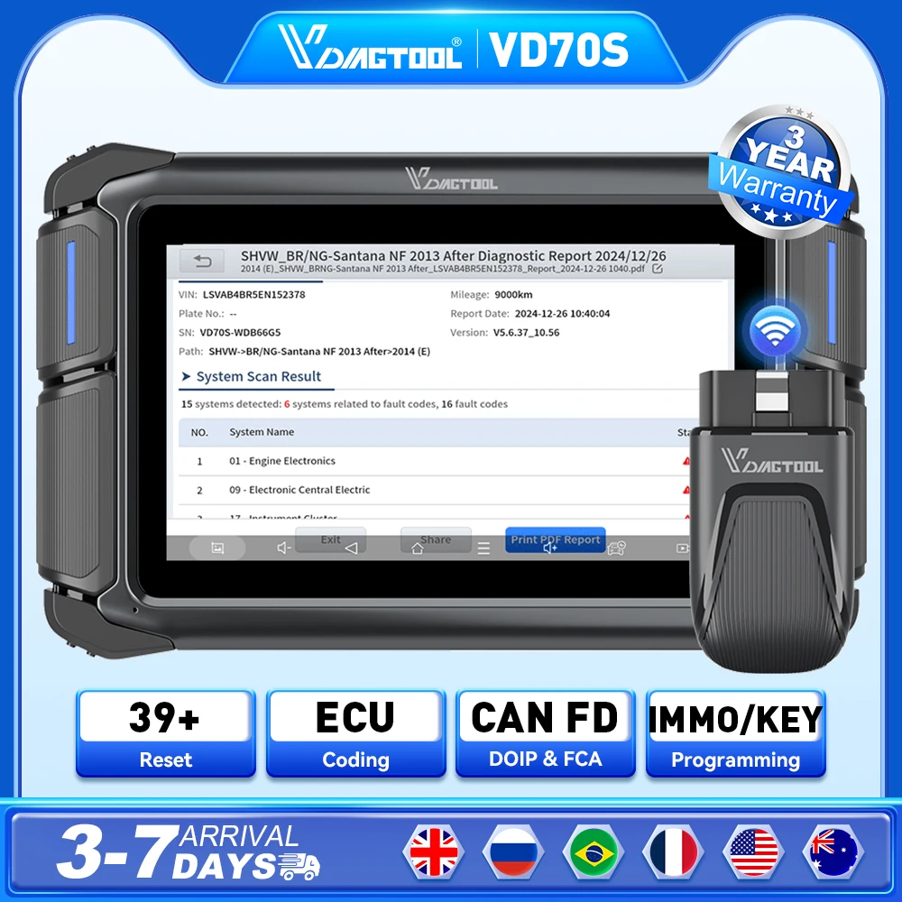 

VDIAGTOOL VD70S Автомобильный диагностический инструмент Все системы Автомобильный сканер Двунаправленное управление ЭБУ Онлайн-код Встроенный CAN FD DOIP