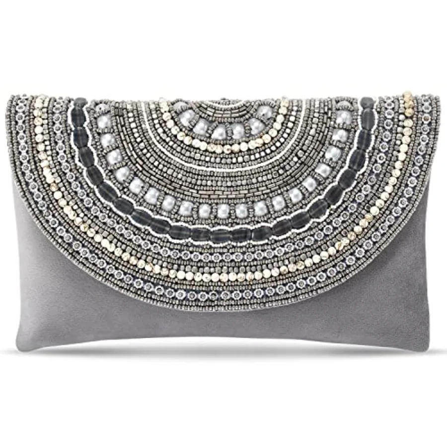 

Aheli Indian Clutch Purses for Wedding Evening Parties Handmade Bridal Handbags in Silk Fabric, Gold-Embellished Beige, Lightwe