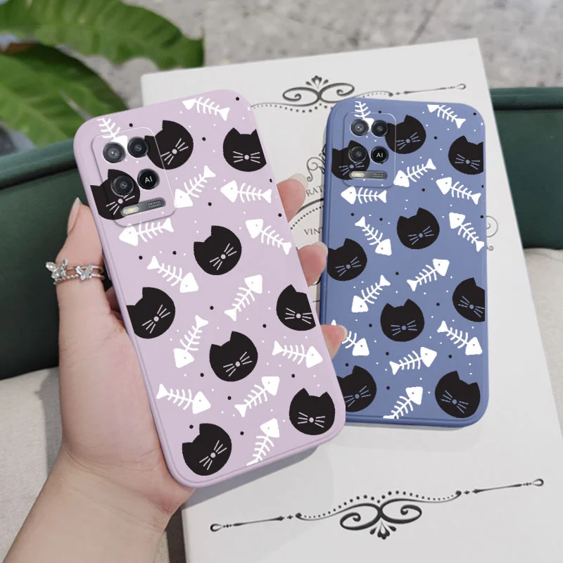 Cat Fish Bones Phone Case For OPPO Reno 10 8 8T 8Z 7 7Z 6 5 Pro 4G 5G F19 F9 Pro Plus Liquid Silicone Cover