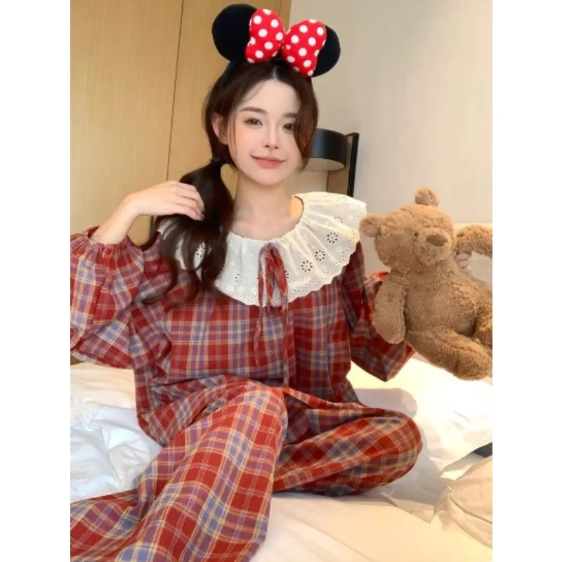 2026 New Doll Collar Red Checkered Pajama Set Students Falbala Homewear Women Spring Autumn Sleepwear Loose Lattice Loungewear