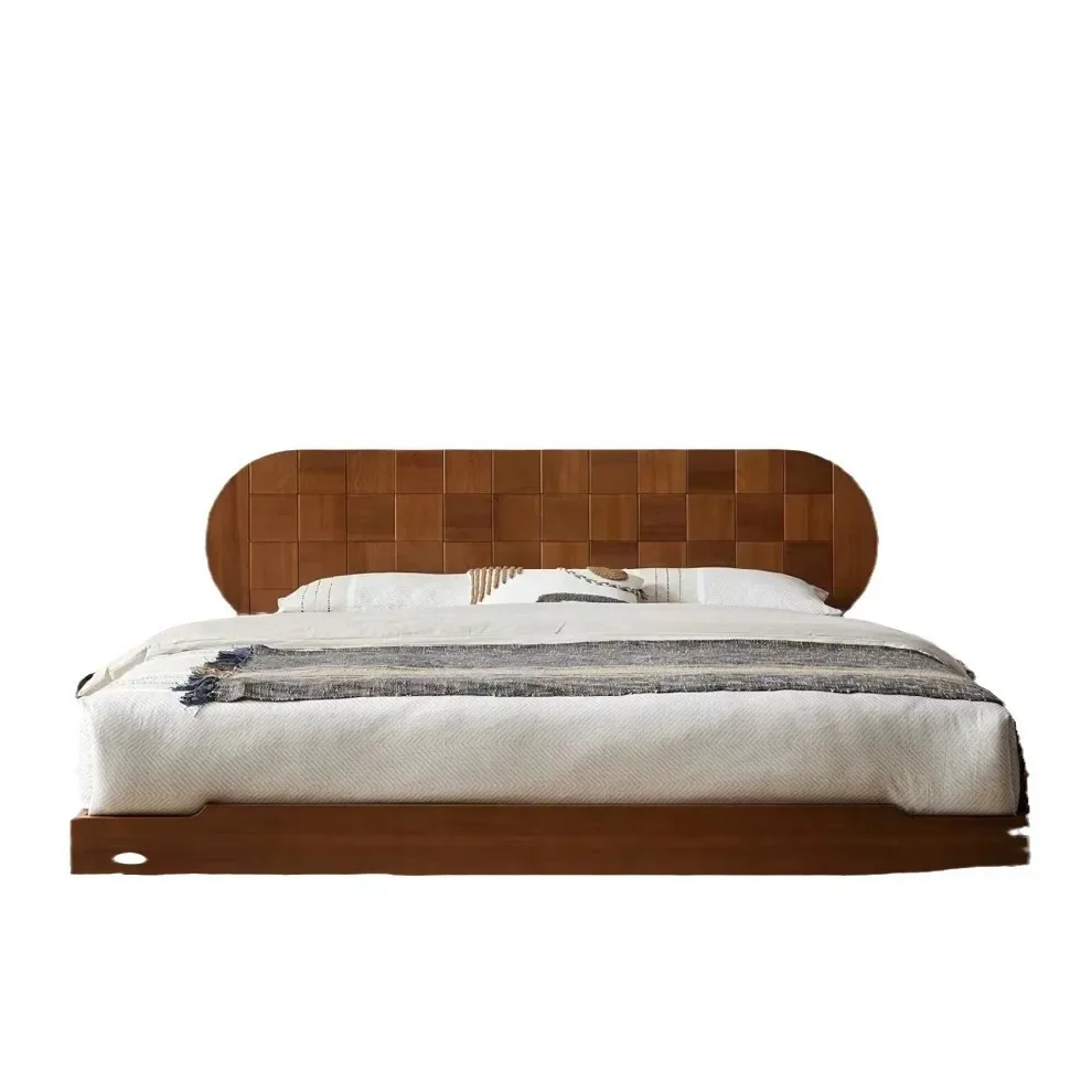 Solid wood large board medium and ancient bed double bed, master bedroom big bed, small apartment flush edge low bed