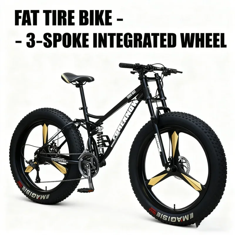 Czarny rower górski unisex do jazdy terenowej z amortyzacją, koła 3-w-1 z regulacją prędkości, do plaży, śniegu i gór, bardzo szerokie opony 4.0