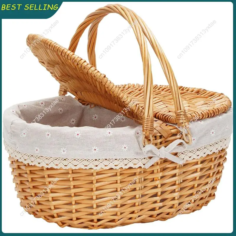 

N09R-плетеная корзина для пикника с крышкой, плетеная корзина с ручкой и вкладышем, корзина для покупок ручной работы, плетеная плетеная корзина для пикника