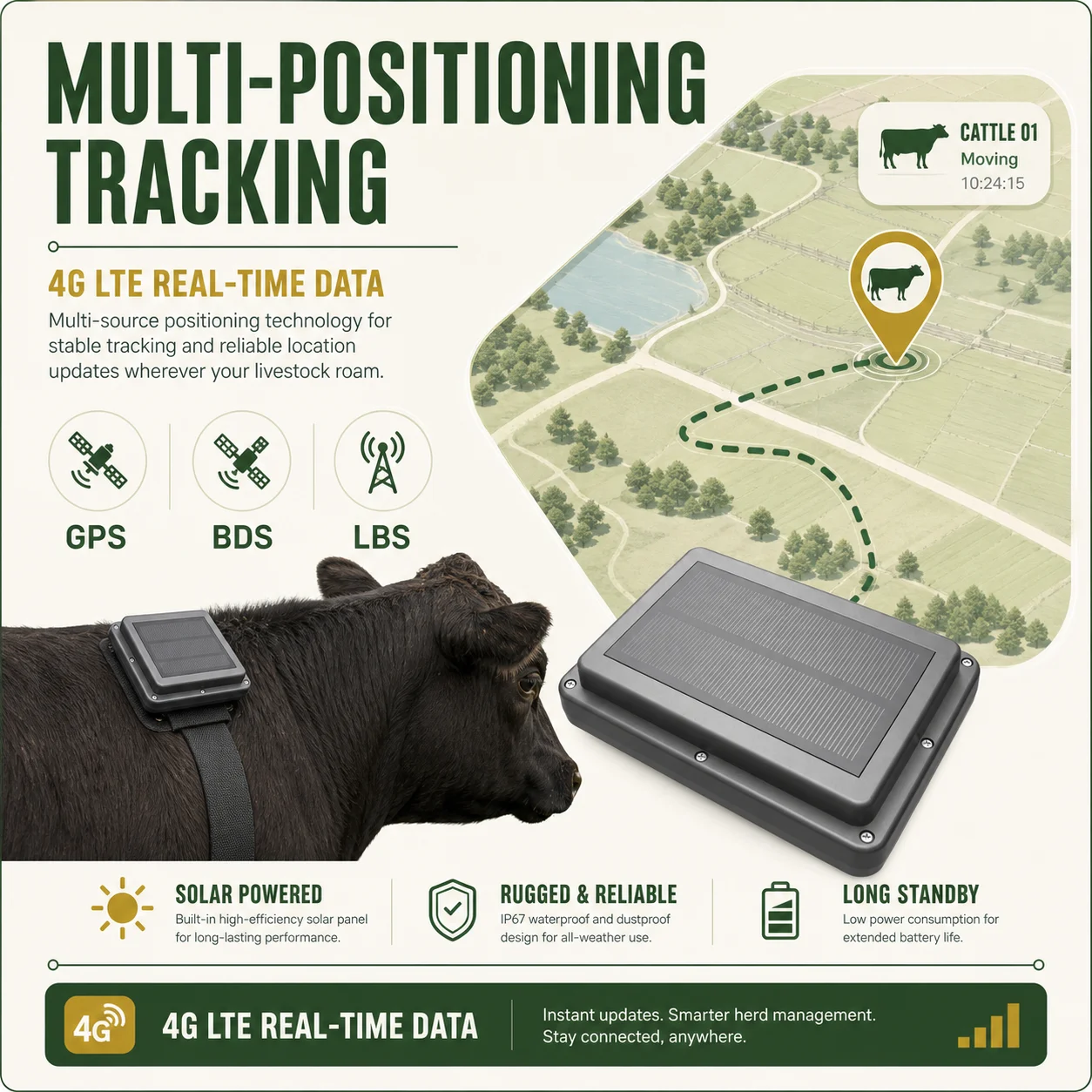 G10 Solar 4G GPS Tracker for Livestock Cattle Sheep - Real-Time Tracking, Virtual Fence, 60-Day Battery, IP67 Waterproof