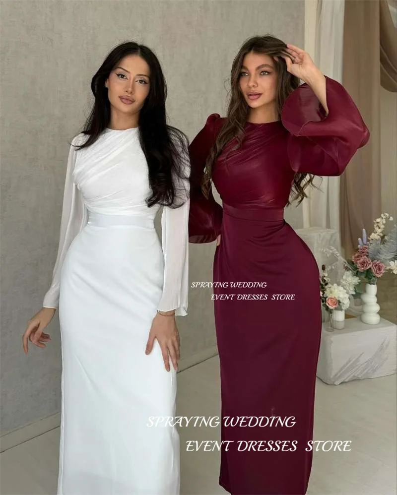 SPRAYIN Modest Simple White Evening Dresses Dubai Arabic Women Long Sleeves Formal Party Dress Wedding Guest Gowns