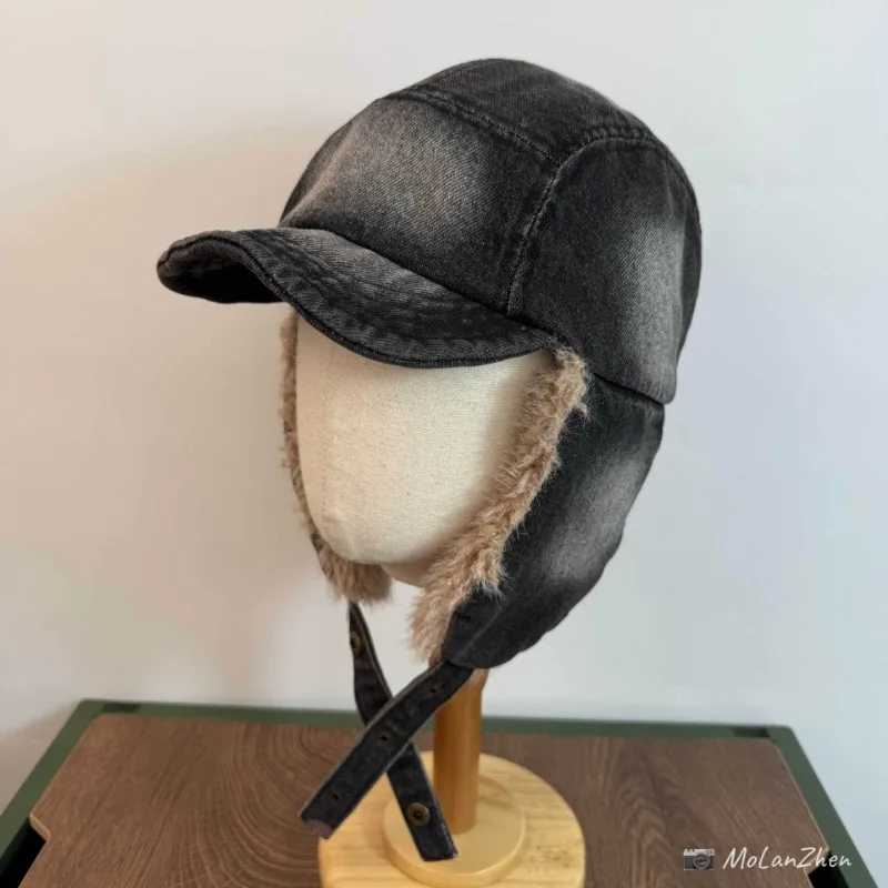 اليابانية الرجعية غسلها الدنيم زائد الصوف لي فنغ قبعة للرجال والنساء الشتاء سميكة ودافئة الدراجات سدادات حماية الأذن منفذها القبعات