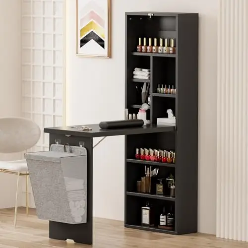 Foldable Manicure Table with Side Shelve, Expandable Nail Tech Table with Storage Fabric Bag, Wall Mount Nail Station