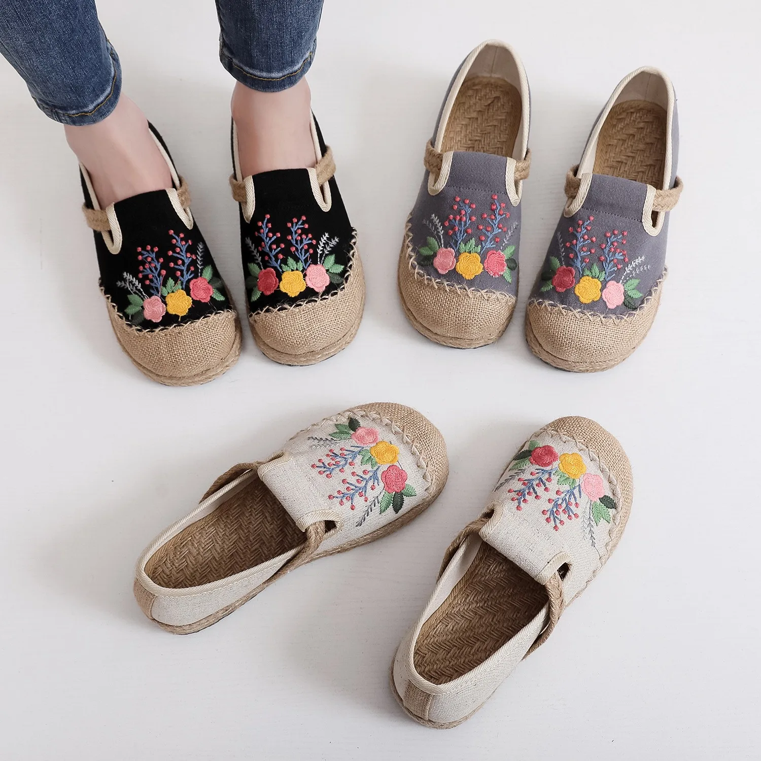 Ethnic Floral Embroidery Fisherman Shoes Women Three Color Rope Toe Flat Casual Slip On Breathable Linen Retro Lazy Canvas Shoes