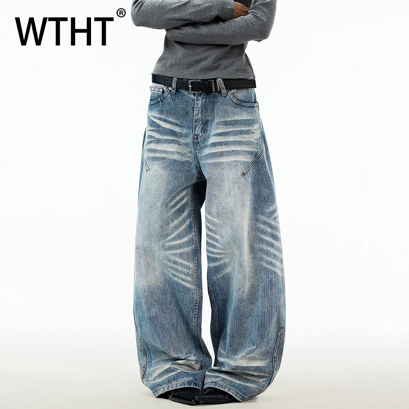 

WTHT Vintage 2026 Spring Men's Striped Wash Do Old Denim Pants Fashion Wide Leg Straight Casual Jeans Male 2A2678