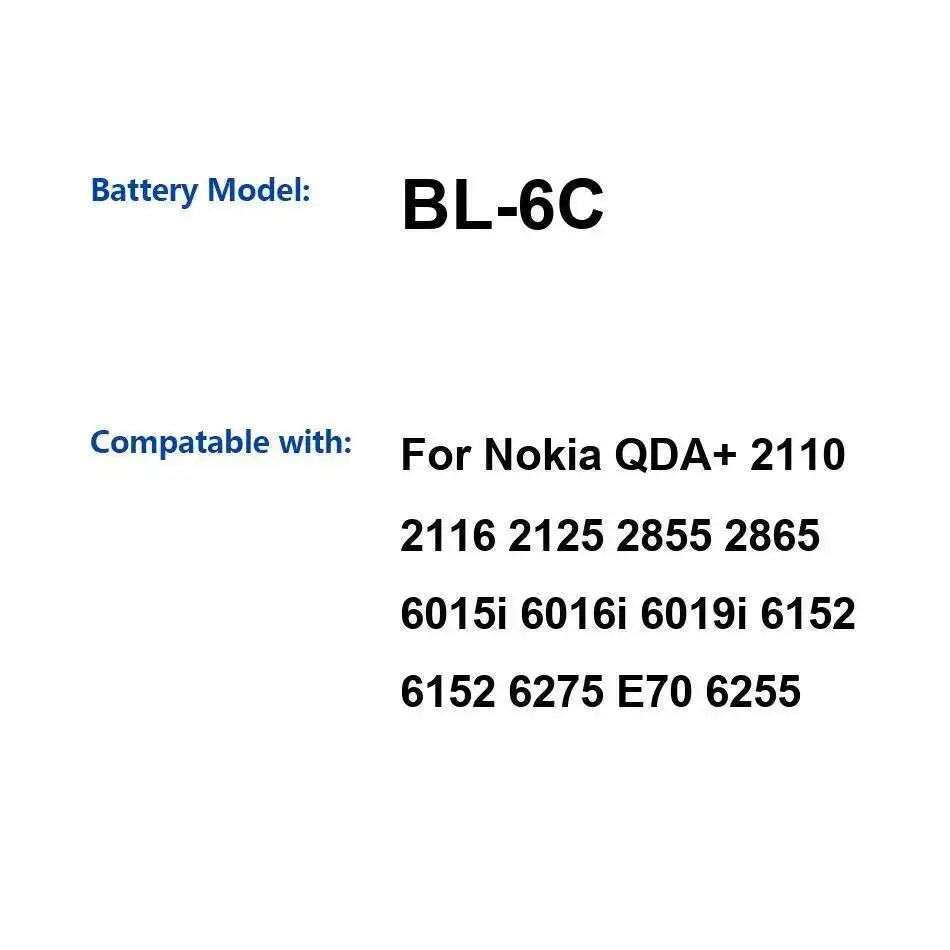 

Аккумулятор для мобильного телефона емкостью 1100 мАч для Nokia QDA + 2110 2116 2125 2855 2865 6015I 6016I 6019I 6152 6275 E70 6255 Стабильный BL-6C