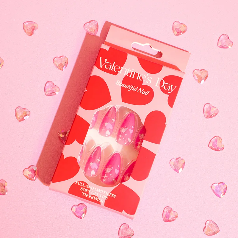 24 peças de imprensa longa de amêndoa em unhas-olho de gato magnético rosa com corações brancos e rosa, borboletas e estrelas brilhos estilo romântico