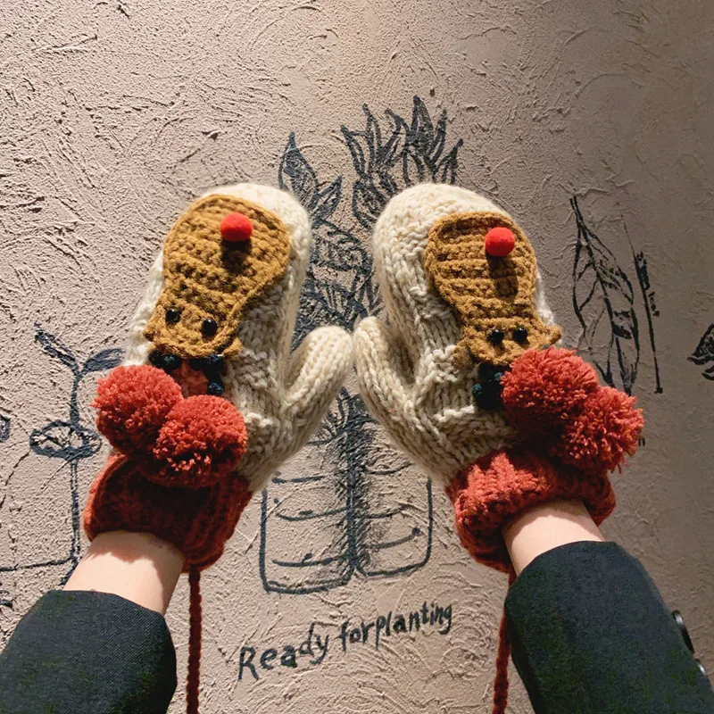 Christmas Reindeer Themed Winter Mittens Gloves for Male/Female Handmade Knitted Warm Mitts for Christmas Present