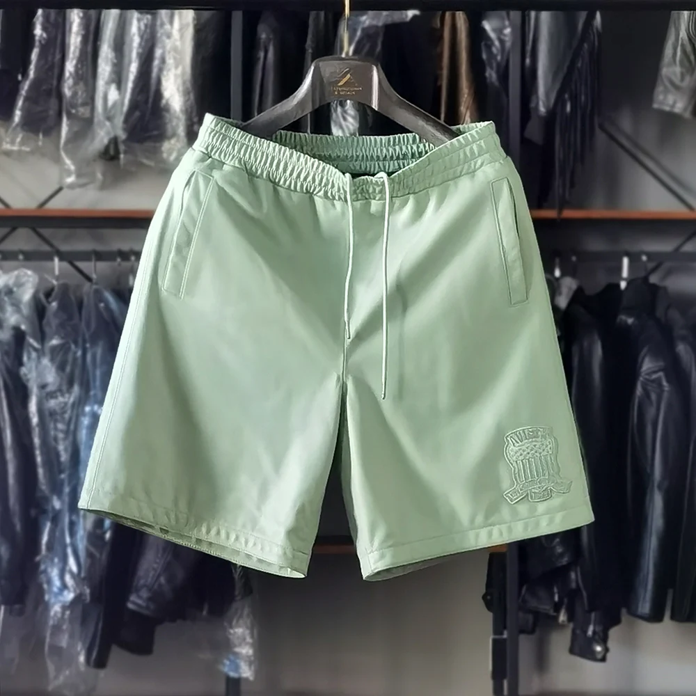 Casual sports model leather shorts men loose fit US size plus size five pants summer fashion trend club punk style mid pants