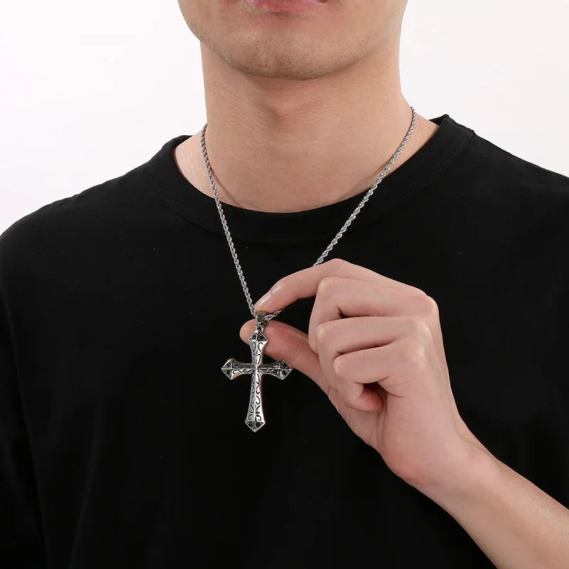 Mens Gifts Gothic Jewelry Stainless Steel Vintage Cross Pendant Necklace Rope Chain 4mm 22inch