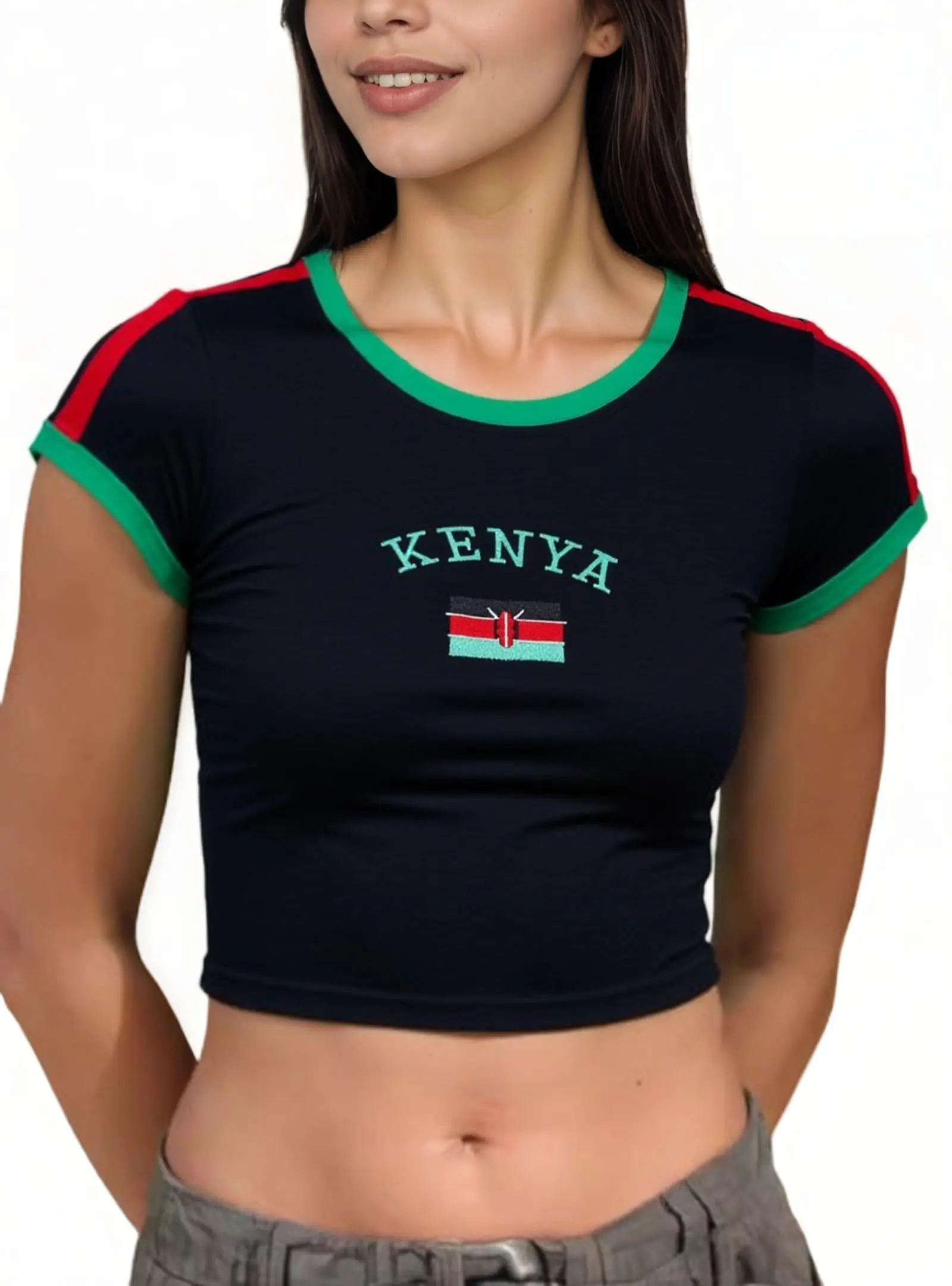 2000s Women Clothing Summer Round Neck Y2K Inspired Kenya Flag Embroidered Baby Tee Retro Black  Crop Top Fit Casual Streetwear﻿