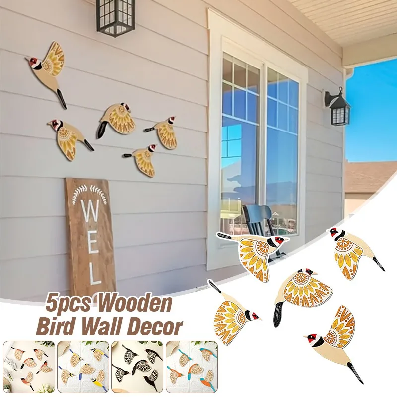 

5Pcs Wooden Bird Wall Decor Hollow Out Bird Sculpture Art Vintage Decor Living Room Kitchen Wall Hanging Figurines Ornament