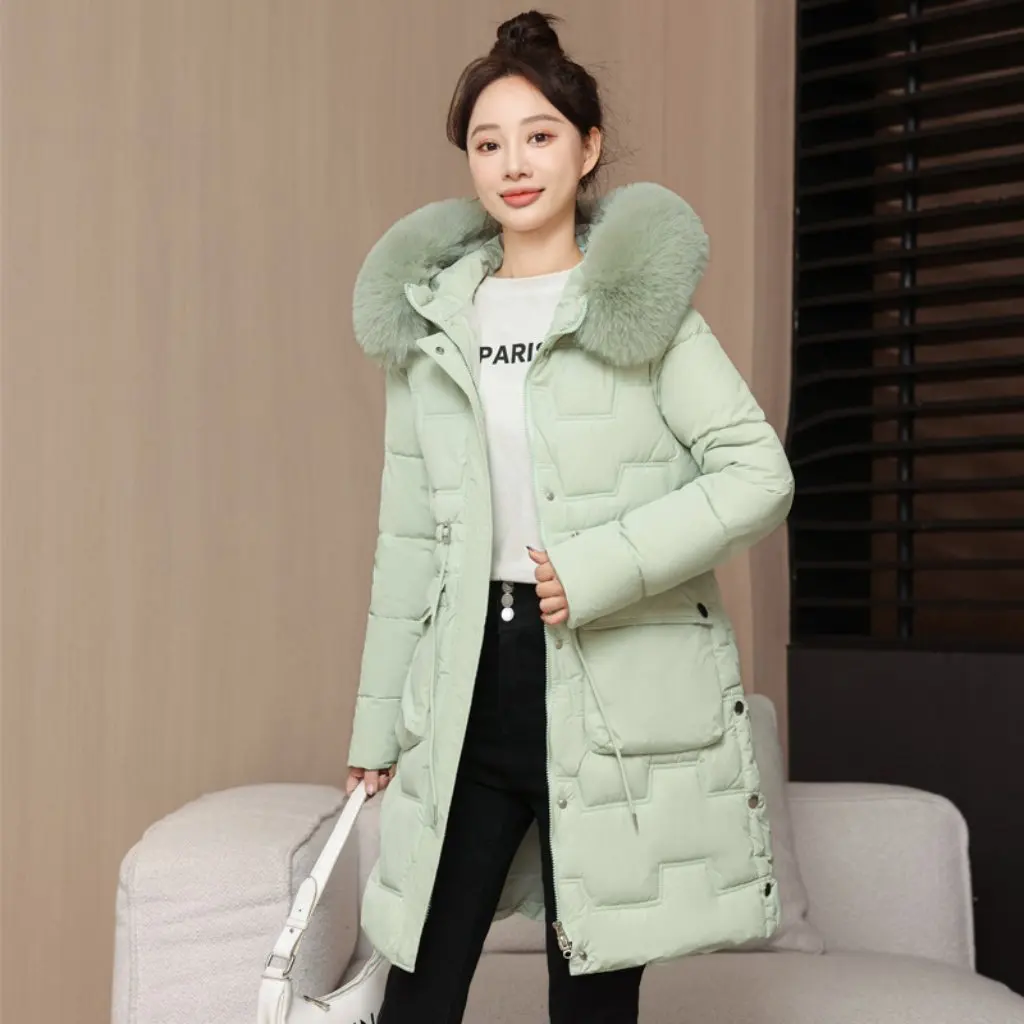 

Women's Winter Korean-Style Thickened Cotton Coat Long Slim-Fit Waist-Cinching Large Fur Collar Jacket New Korean Version