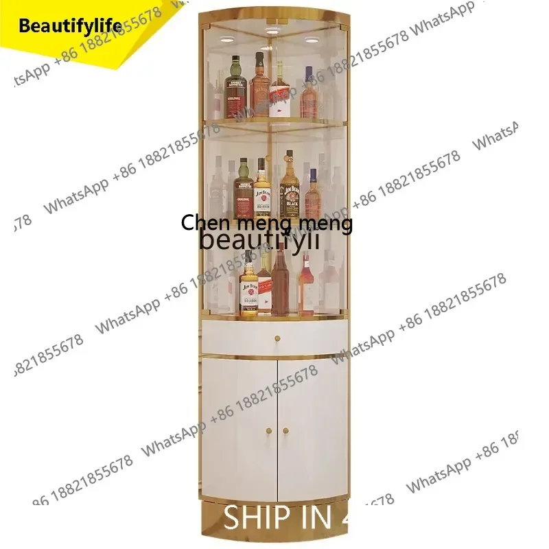 cn8350 ssNew Light Luxury Stainless Steel Triangle Glass Wine Cabinet with Drawer Turn Corner Living Room Fan-Shaped Wine Cabine
