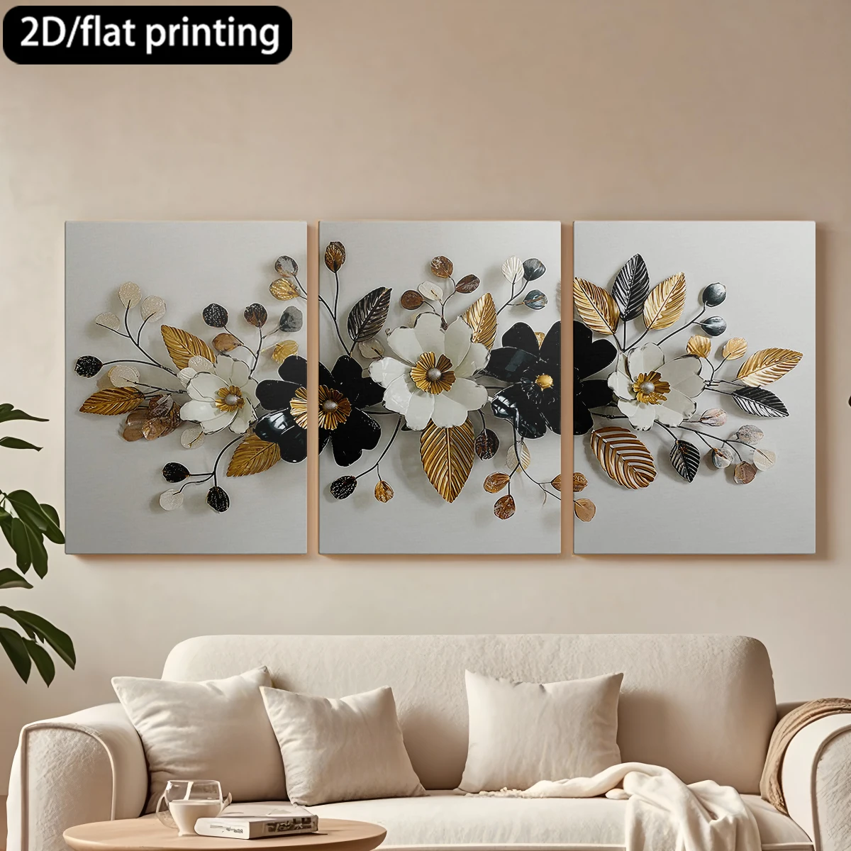 

2D плоская печать, 3-х частная декоративная картина на холсте в деревянной раме, металлический цветочный декор, черный с золотом. Декор для коридора и спальни.