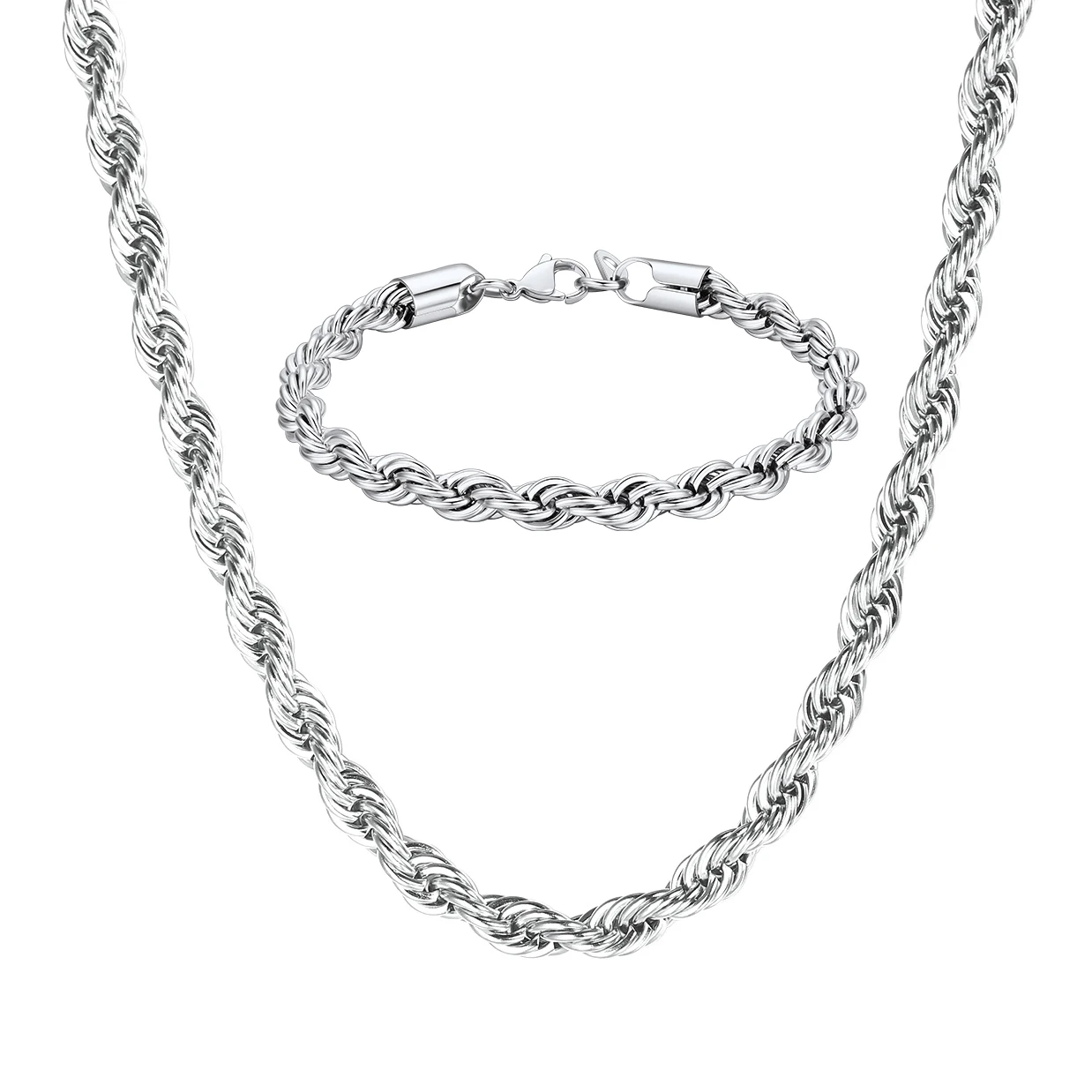 U7 316L Stainless Steel 3mm / 6mm Rope Chain Necklace Bracelets Sets for Men Woman 18-30\