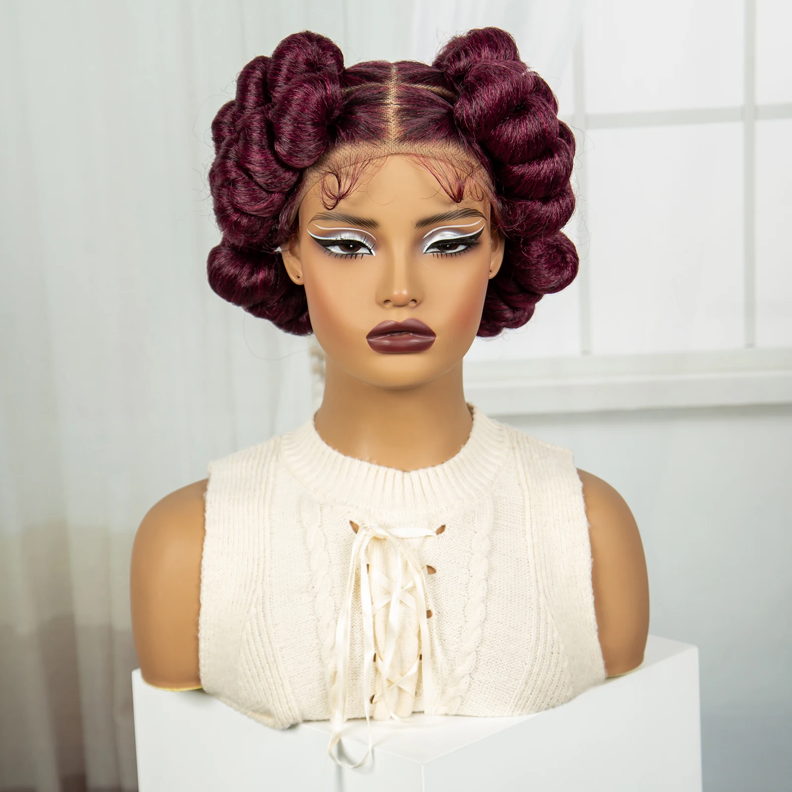Bantu Braided Wigs Synthetic Transparent Full Lace Braided Lace Wigs Ginger Orange Color Short Cute Handmade Knotless Braids Wig