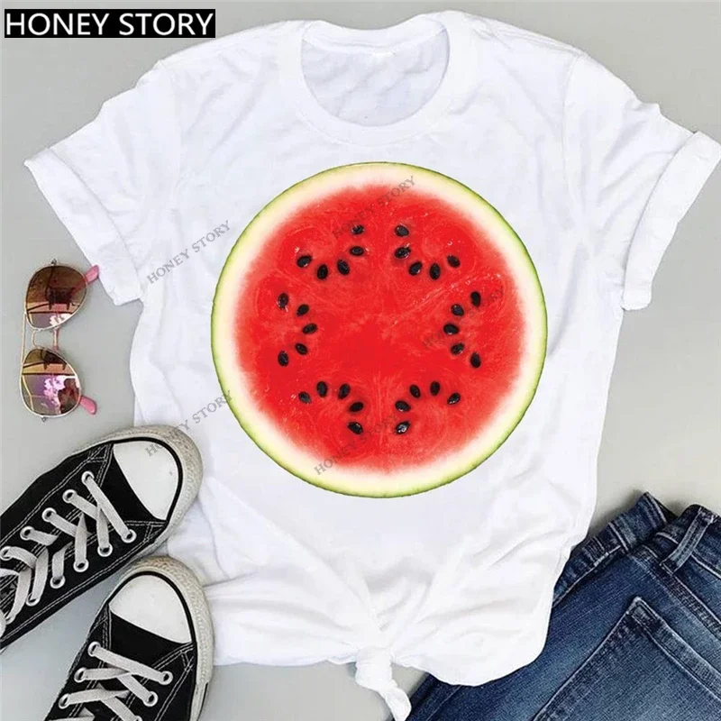 Women Watermelon Slice Print Short‑Sleeve T‑Shirt Crew Neck Casual Slim Fit Summer Daily Fashion Tops For Ladies