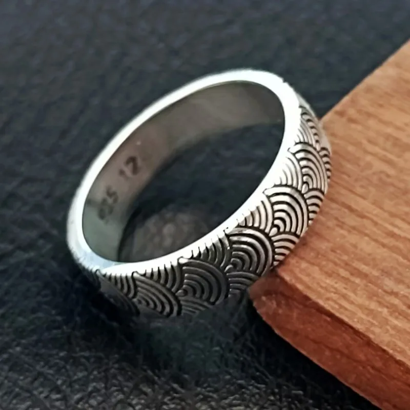 BOCAI New 100% S925 Silver Jewelry Beautiful Retro Turning Luck Seigaiha Wave Pattern Ring for Man and Woman DropShipping