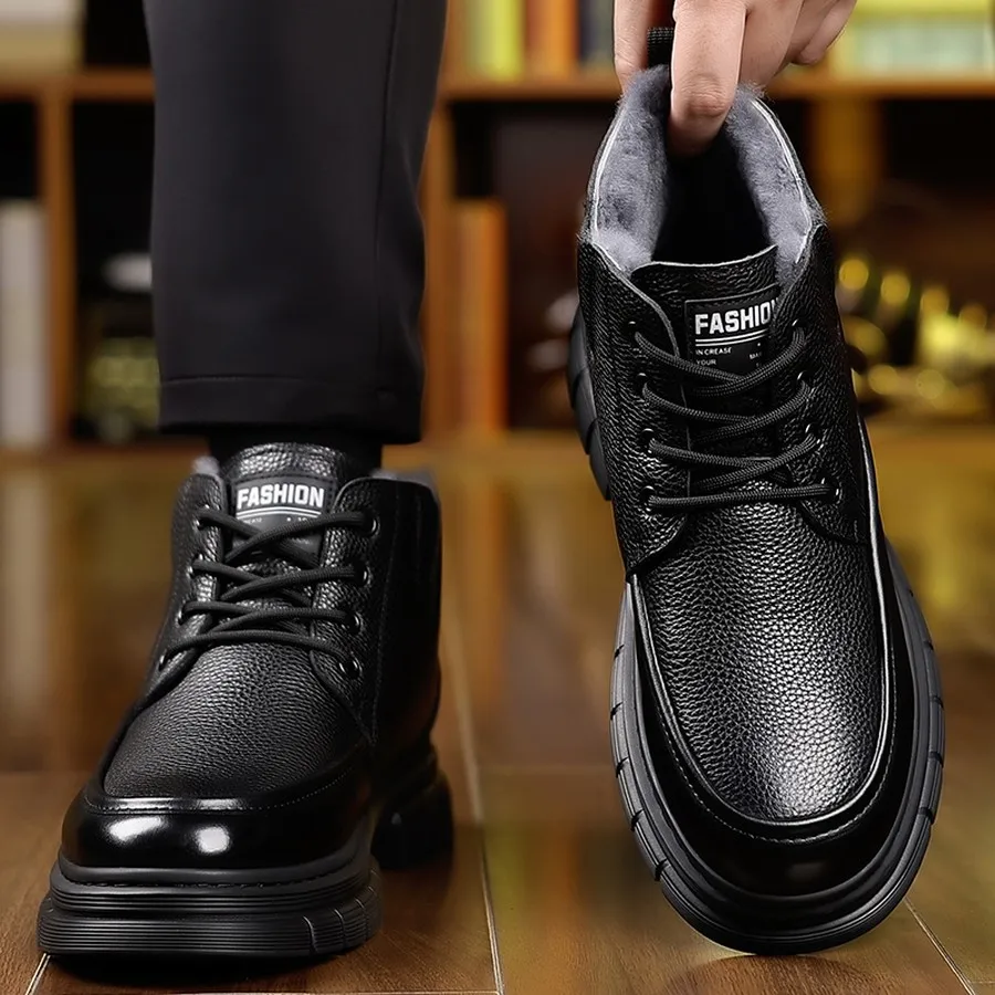 Men's Winter Fleece Lined Lace-Up Ankle Boots, Round Toe Thick Sole Casual Work Boots for Outdoor Travel and Office
