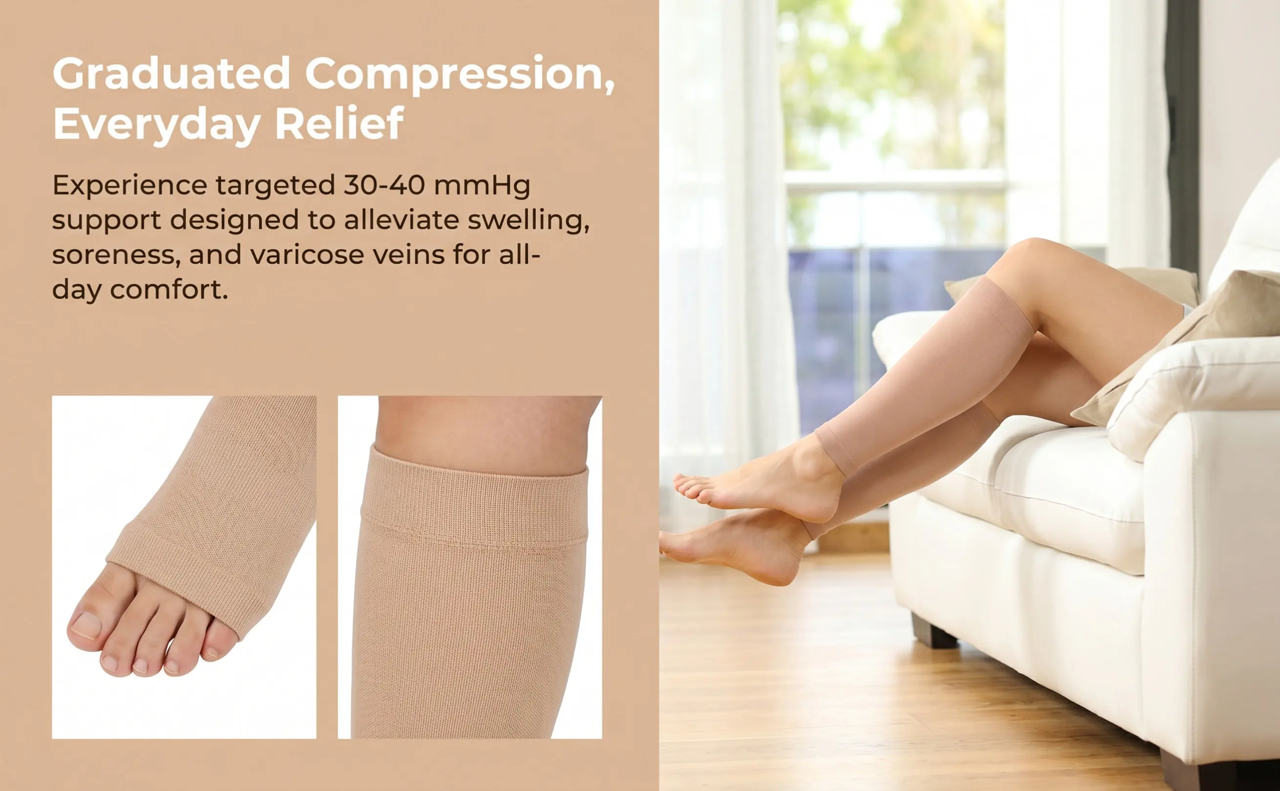 30-40Mmhg Compression Stockings Nude Size L Open Toe Toeless Knee High Calf Support Socks for Swelling Varicose Veins