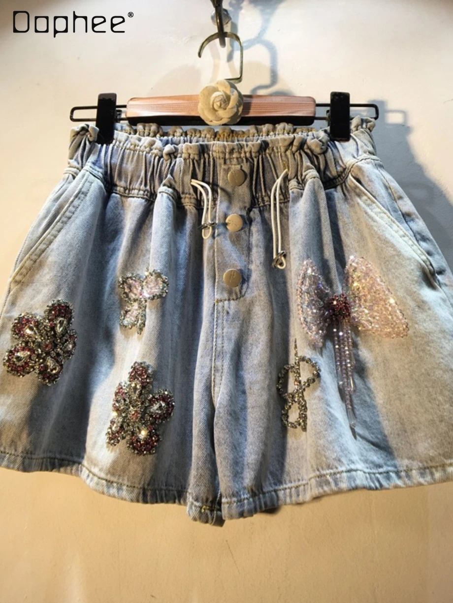 Heavy Industry Beads Diamond Bow High Waist Slimming Denim Shorts Women 2022 Summer New Casual All-Matching Wide Leg Short Pants