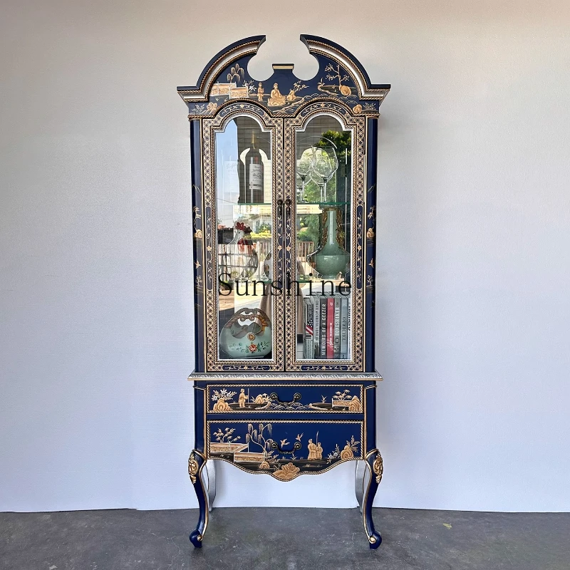

French double door glass light luxury blue painted wine storage cabinet 0639