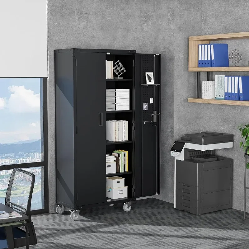 72" High Garage Storage Cabinet, Metal Storage Cabinet with Pegboard, Wheels, Locking Doors and Adjustable Shelves (Black